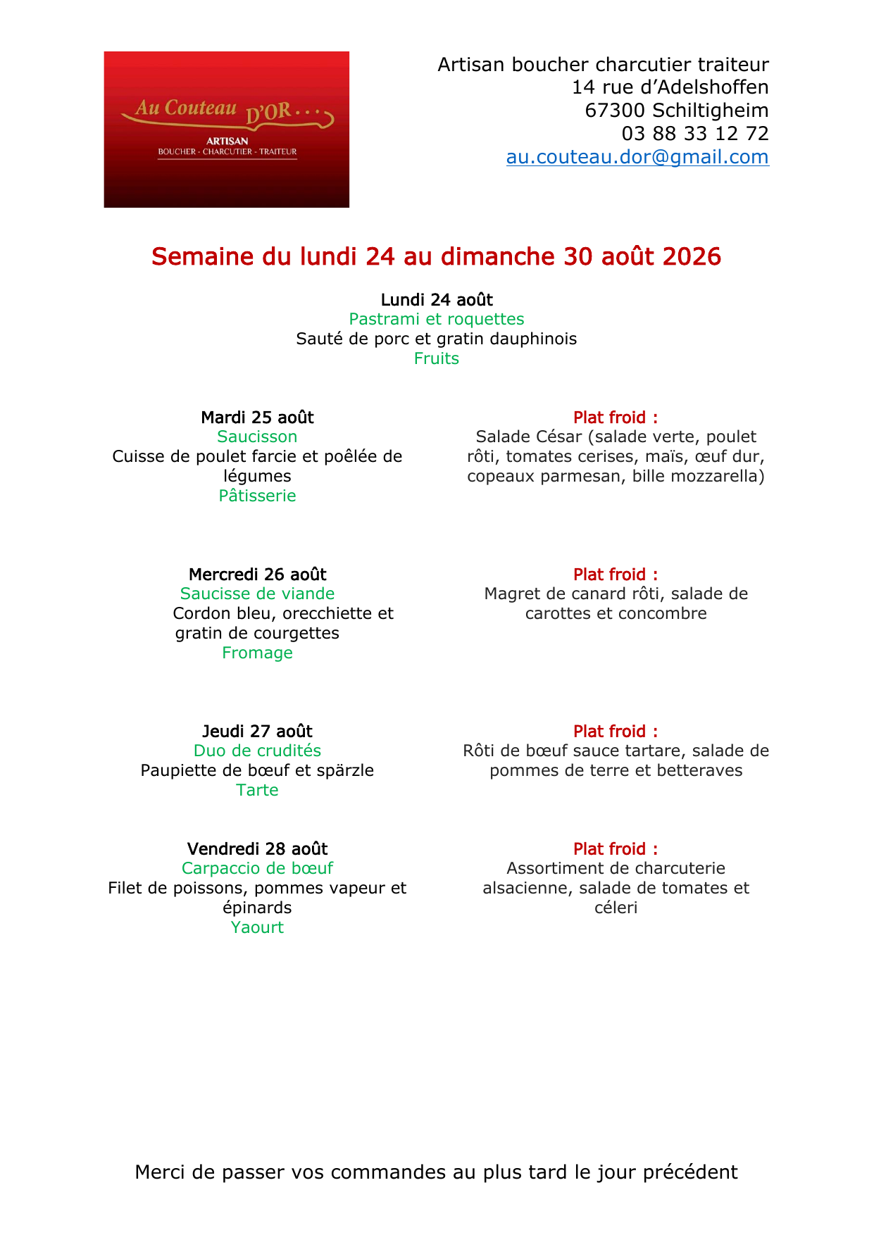 Menu de la cantine pour la semaine en cours