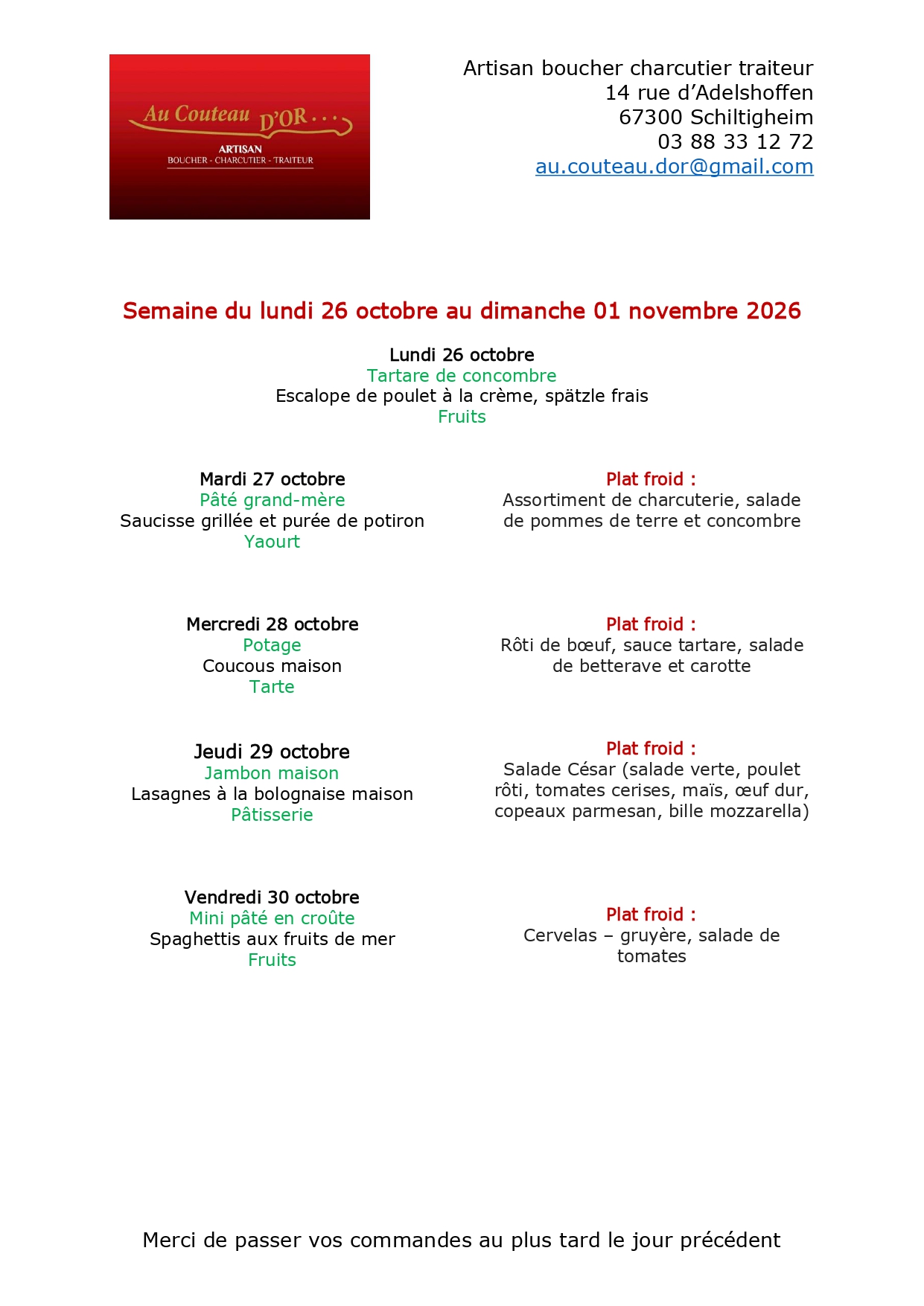 Menu de la cantine pour la semaine en cours